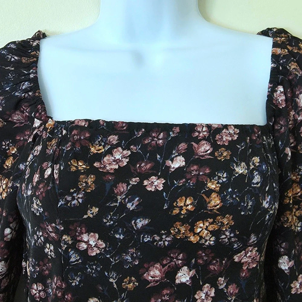 Abercrombie‎ & Fitch Dark Floral Puff Sleeve Top Sz XS Sheer Square Alt Romantic
